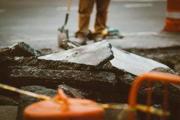Broken concrete pieces during demolition and removal