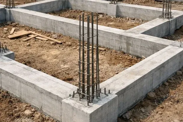 Concrete foundation footings with vertical steel reinforcement