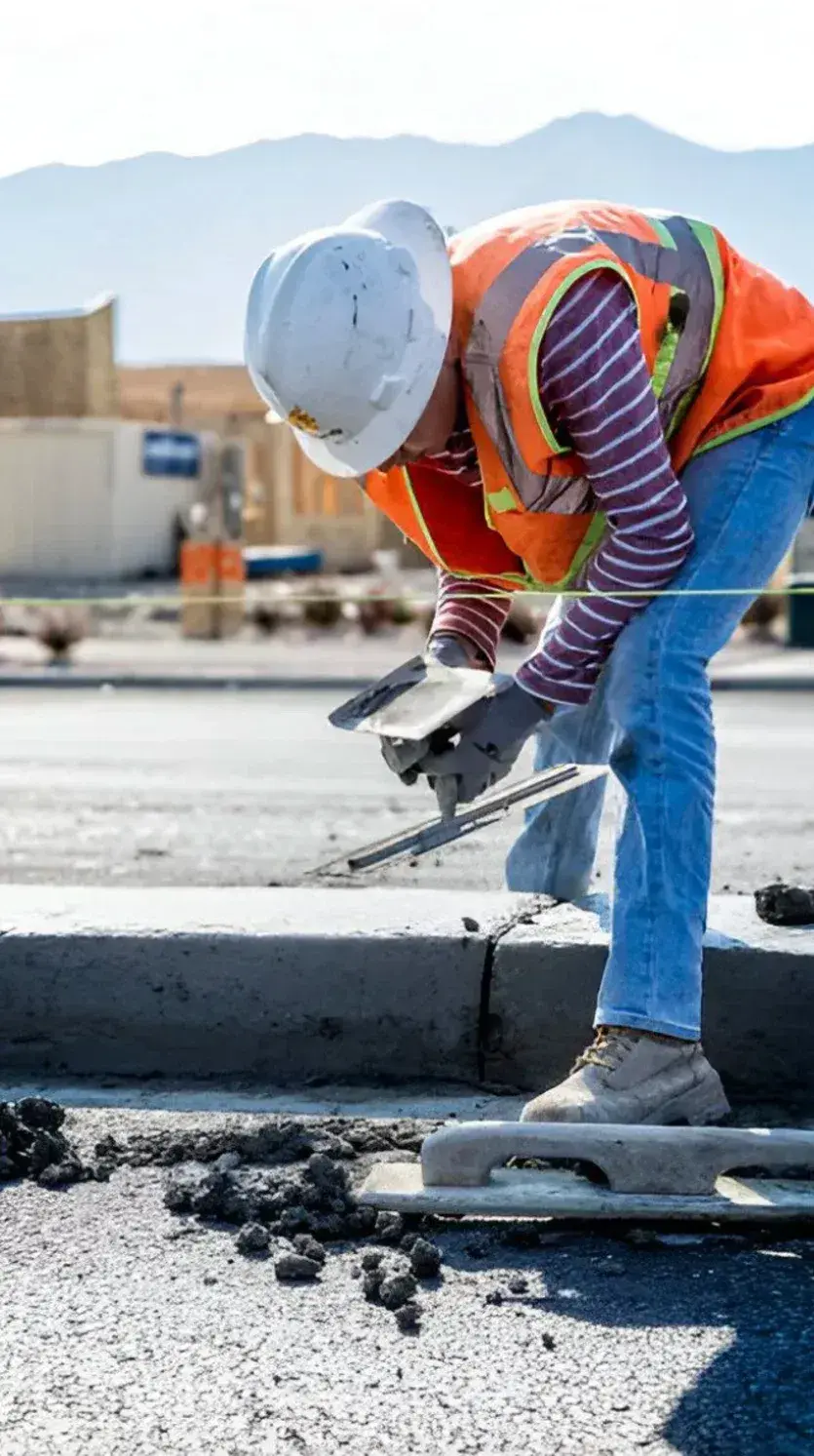 Worker carrying out concrete finishing with a handheld tool