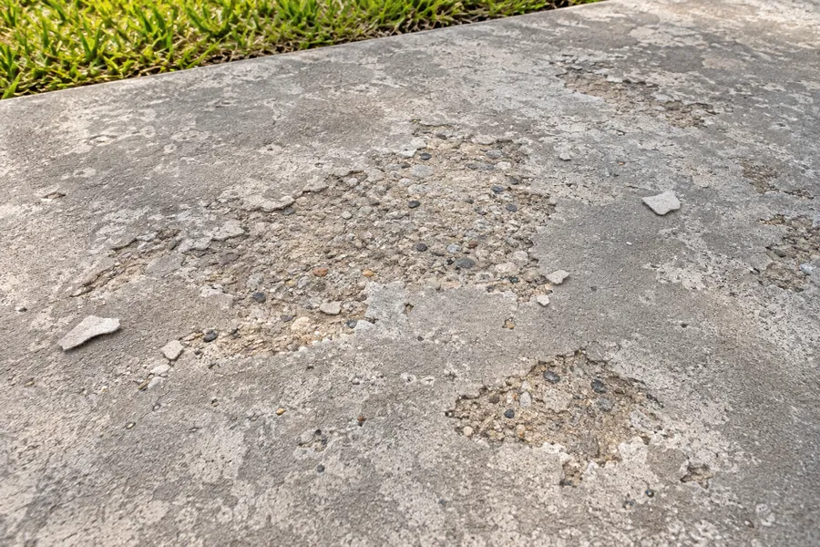 Illustration of concrete surface flaking with exposed aggregate on an outdoor slab