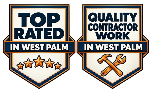 Top Rated in West Palm badge with five gold stars and Quality Contractor Work in West Palm badge with crossed hammer and wrench